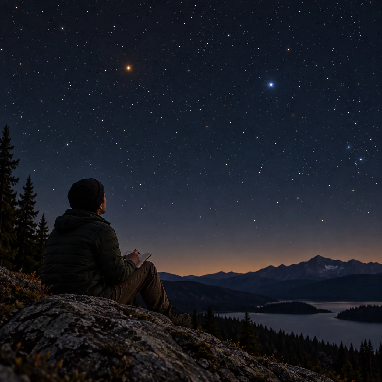 Editorial illustration of an observer comparing a subtly warm star with a subtly cool star using unaided eyes.