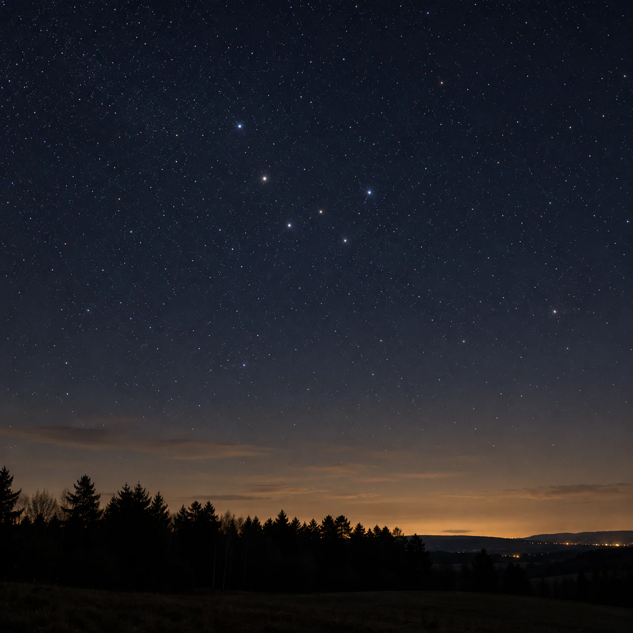 Editorial illustration of a subtle five-star W pattern in a wide northern sky above a tree line.