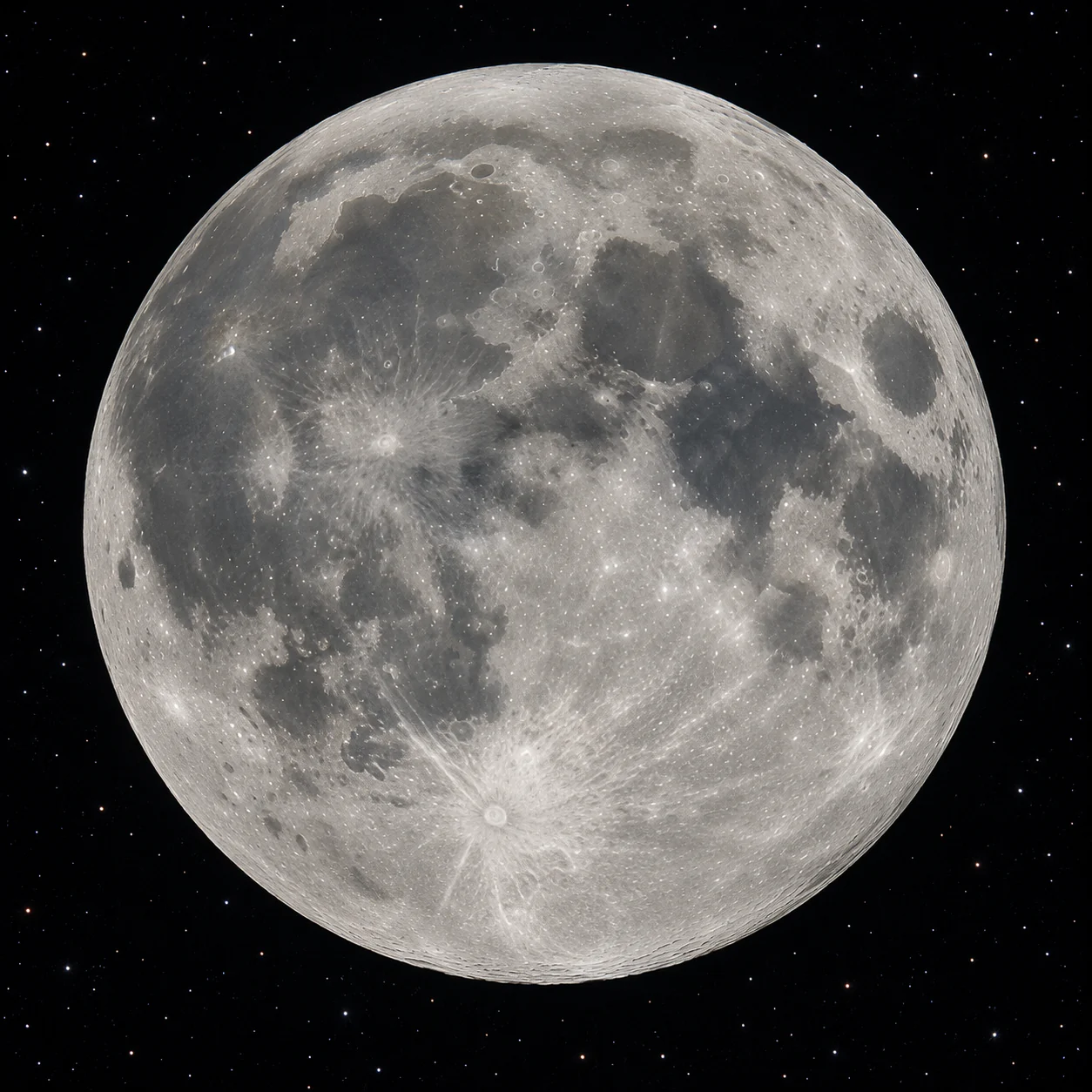 Editorial lunar illustration showing a modest bright ray pattern around the Tycho region near full Moon.