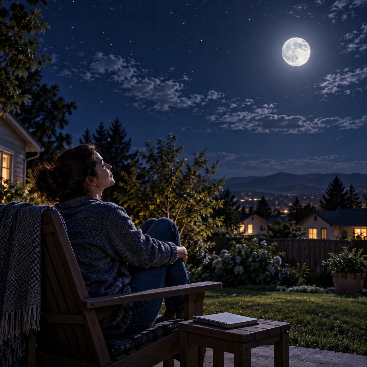 Editorial illustration of an unaided observer planning a backyard stargazing session under a naturally sized bright Moon.