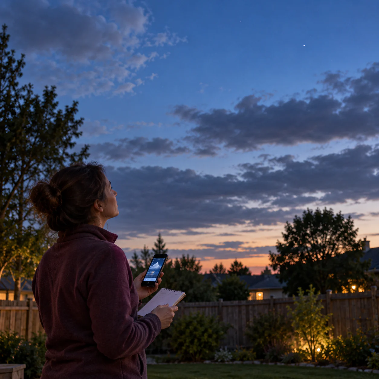 Editorial illustration of an observer comparing visible cloud bands with a weather screen before a backyard stargazing session.