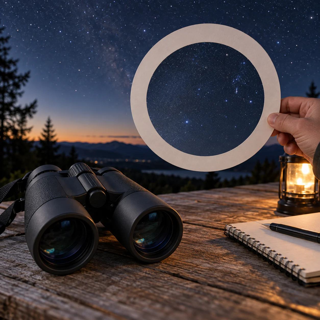 Editorial illustration of unbranded binoculars beside a circular frame suggesting a broad field of view.